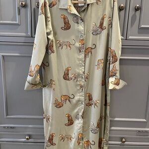 She + Sky Safari Animal shirt dress khaki green size L NWT